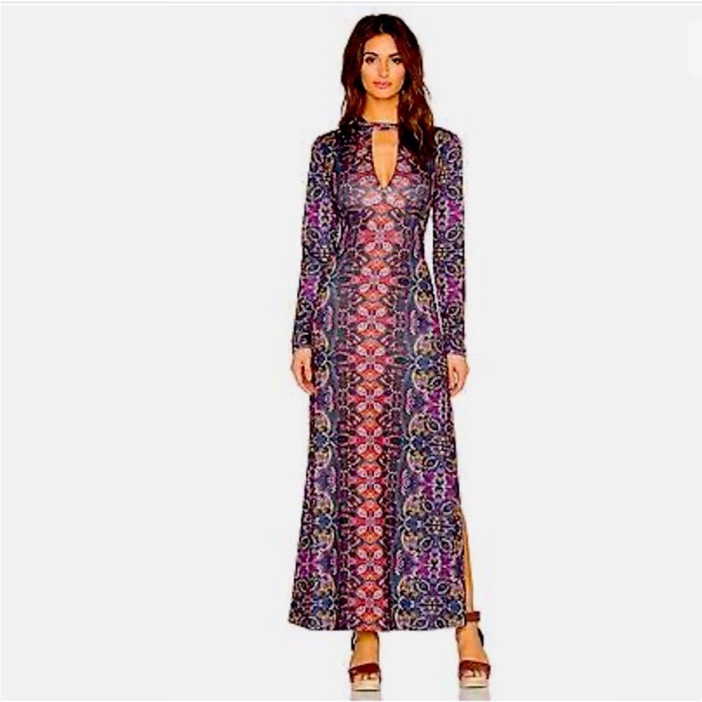 Free People Cabaret Long Sleeve Multicolor Maxi Dress Empire Waist Boho